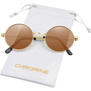 Chrorine Women's Gold Frame Brown Lens Hippie Round 70s Retro Sun Glasses